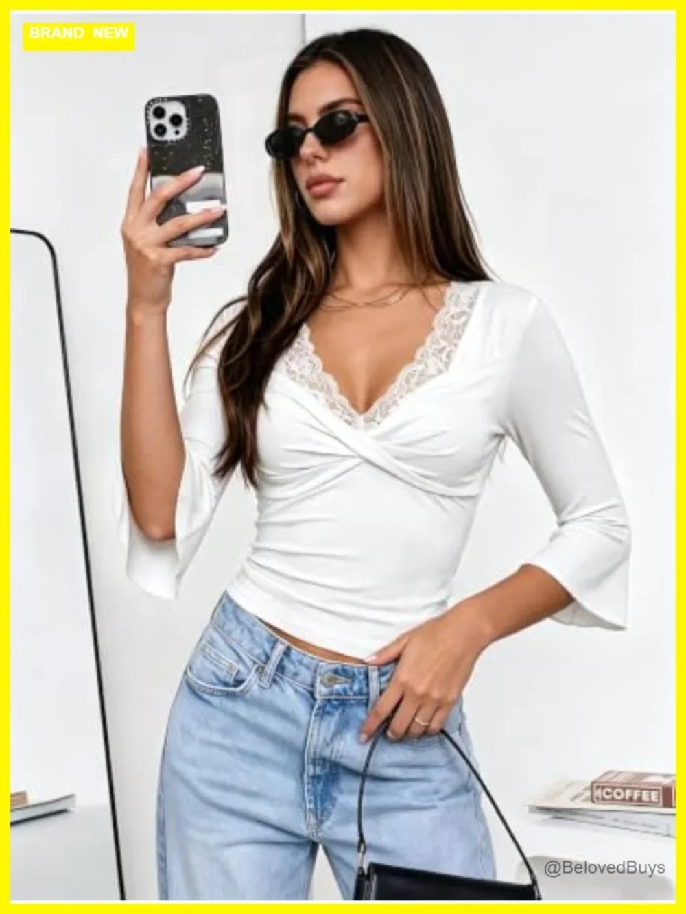 Womens 3/4 Sleeve Lace Deep V Neck Slim Fit Going Out Crop Top